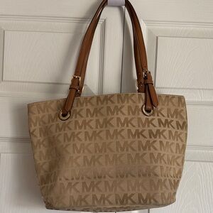 Michael Kors Tan MK Logo-Print Tote with Brown Straps